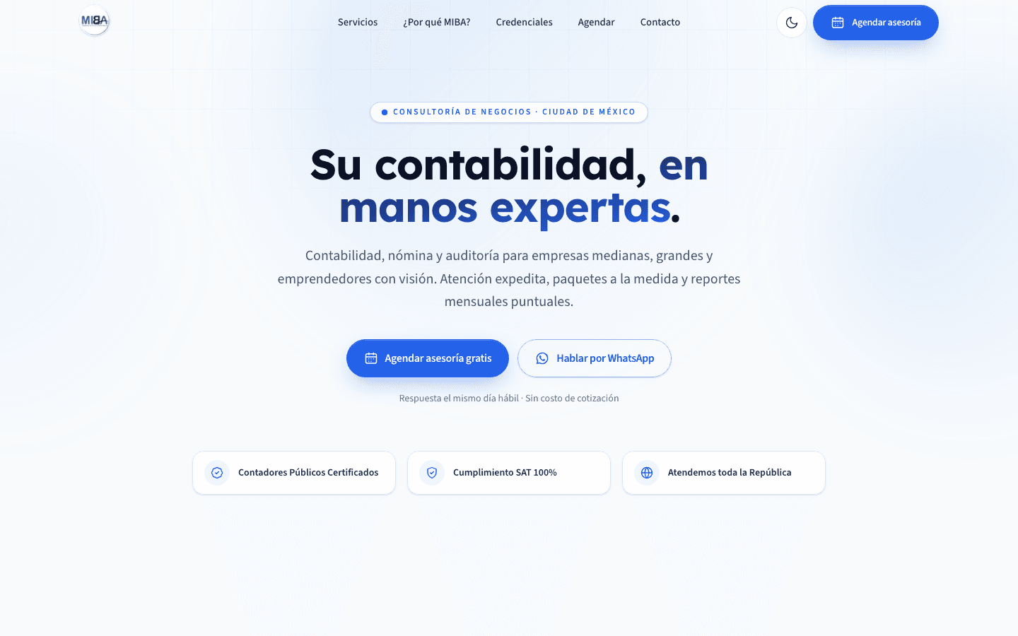 Captura del sitio MIBA Asesores